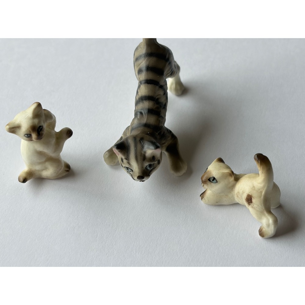 Vintage Miniature Porcelain Cat Figurines Set of 3 Grey Tabby Siamese Kittens